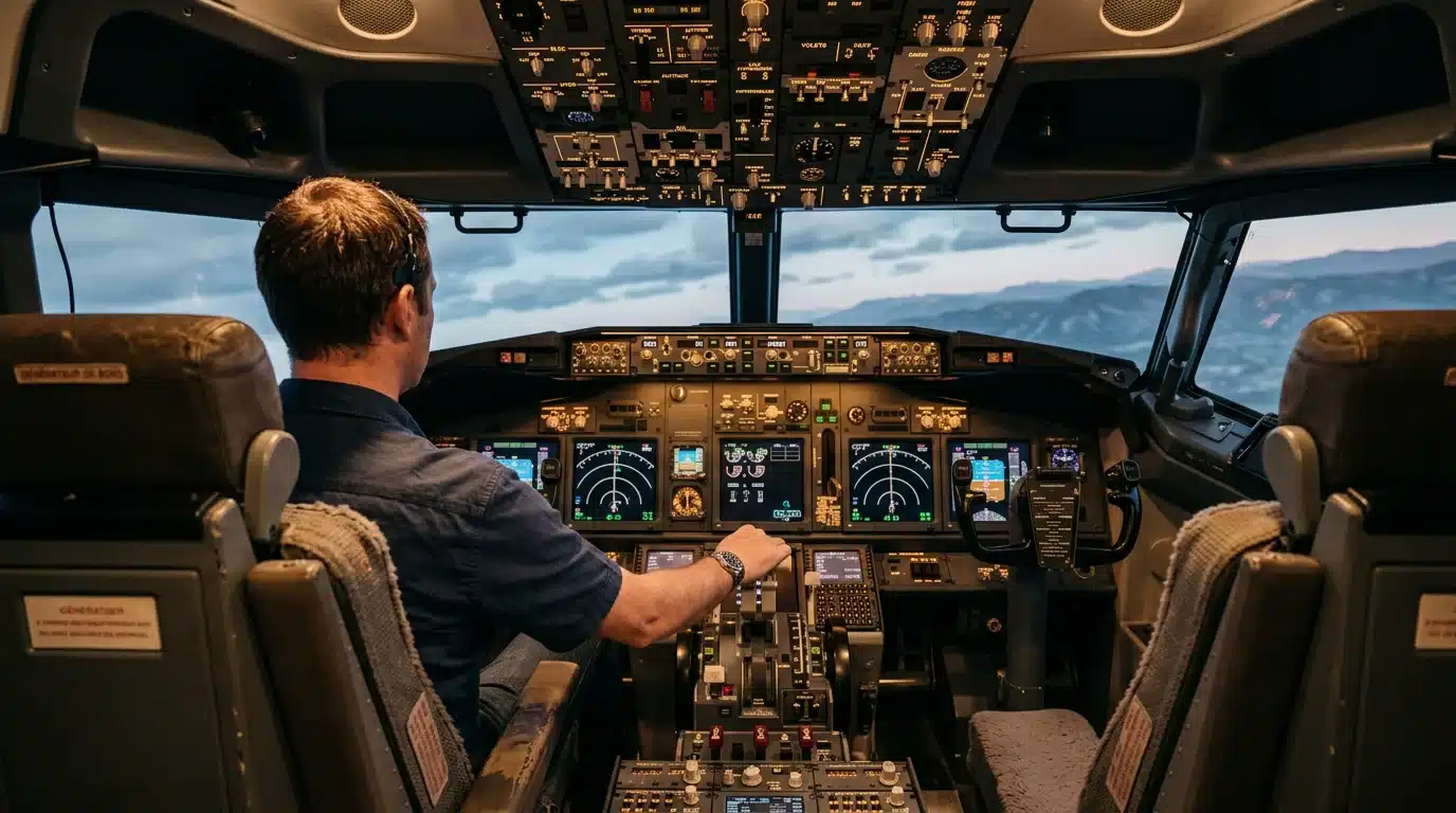 Cockpit de simulateur de Boeing 737 avec ses commandes et un pilote installé