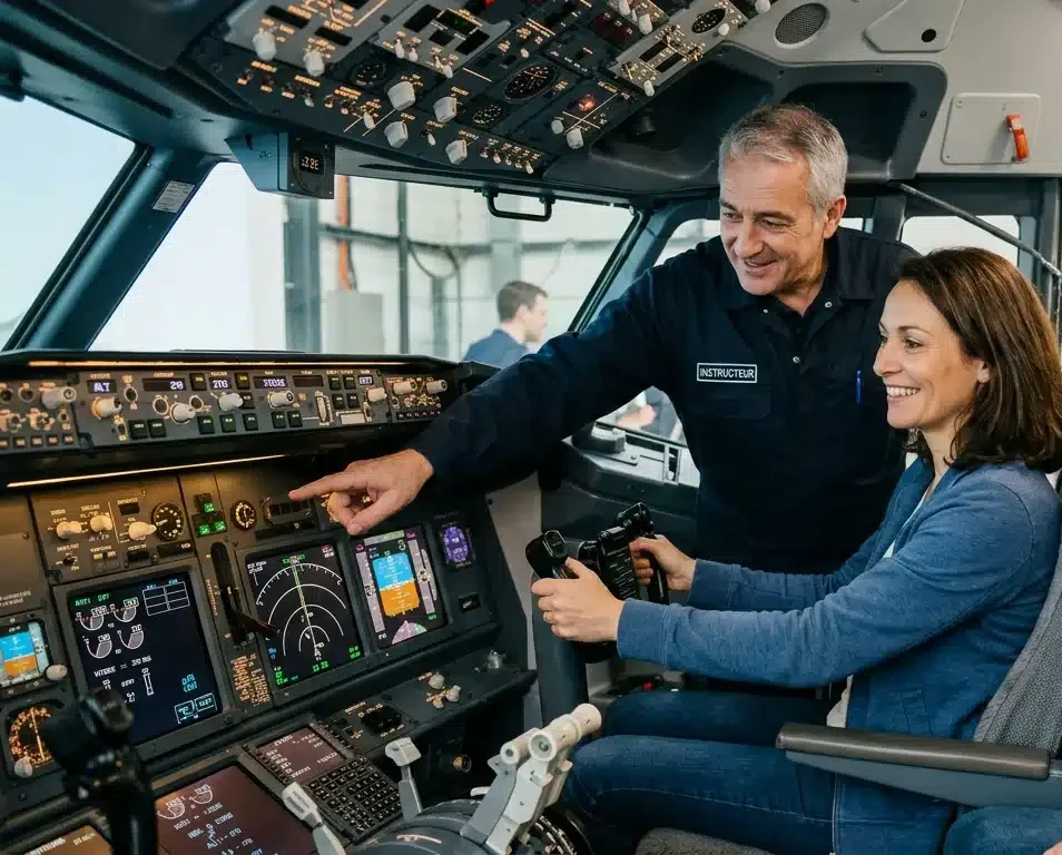 Femme découvrant le cockpit dans un simulateur de vol avec un instructeur