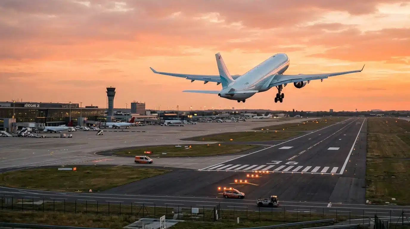 Avion de ligne long-courrier au décollage au coucher du soleil
