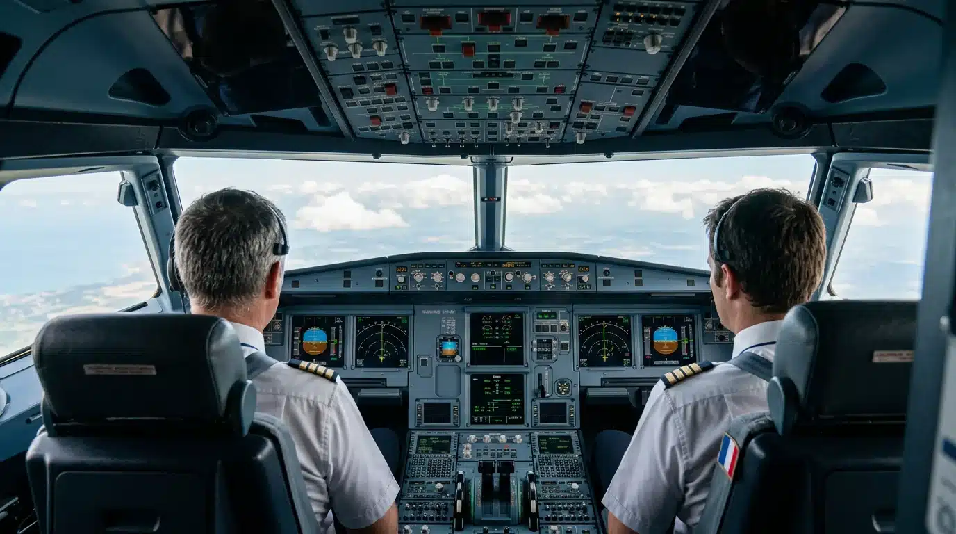 Cockpit d'avion de ligne avec deux pilotes en plein vol