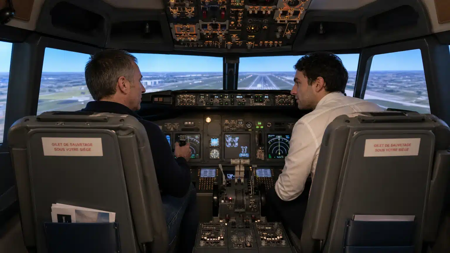 Deux participants découvrent les commandes d’un simulateur de vol