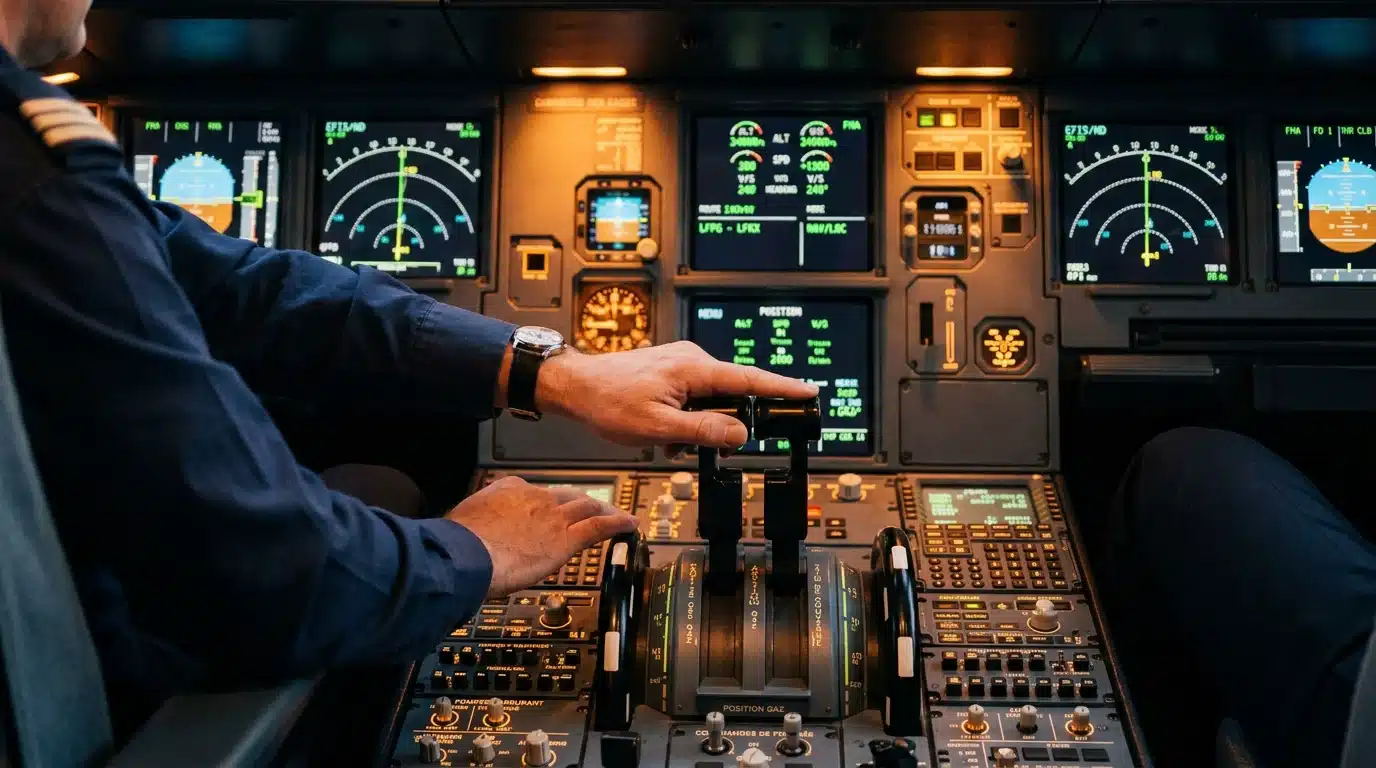 Instruments et boutons d'un cockpit de simulateur de vol d'avion de ligne