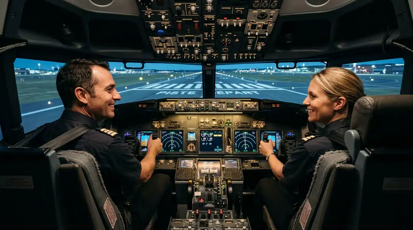 Un pilote et un copilote aux commandes d'un simulateur de vol d'avion de ligne