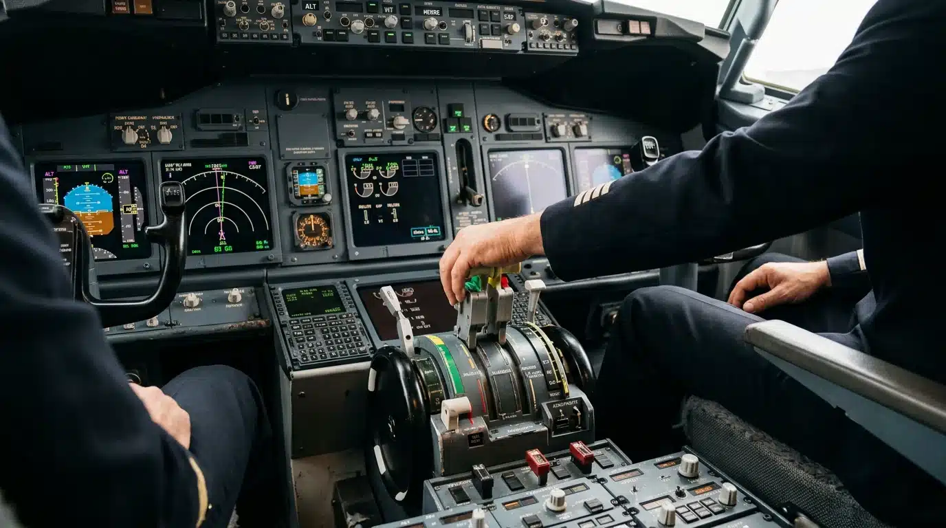 Gros plan sur les commandes et instruments d'un cockpit de simulateur de vol