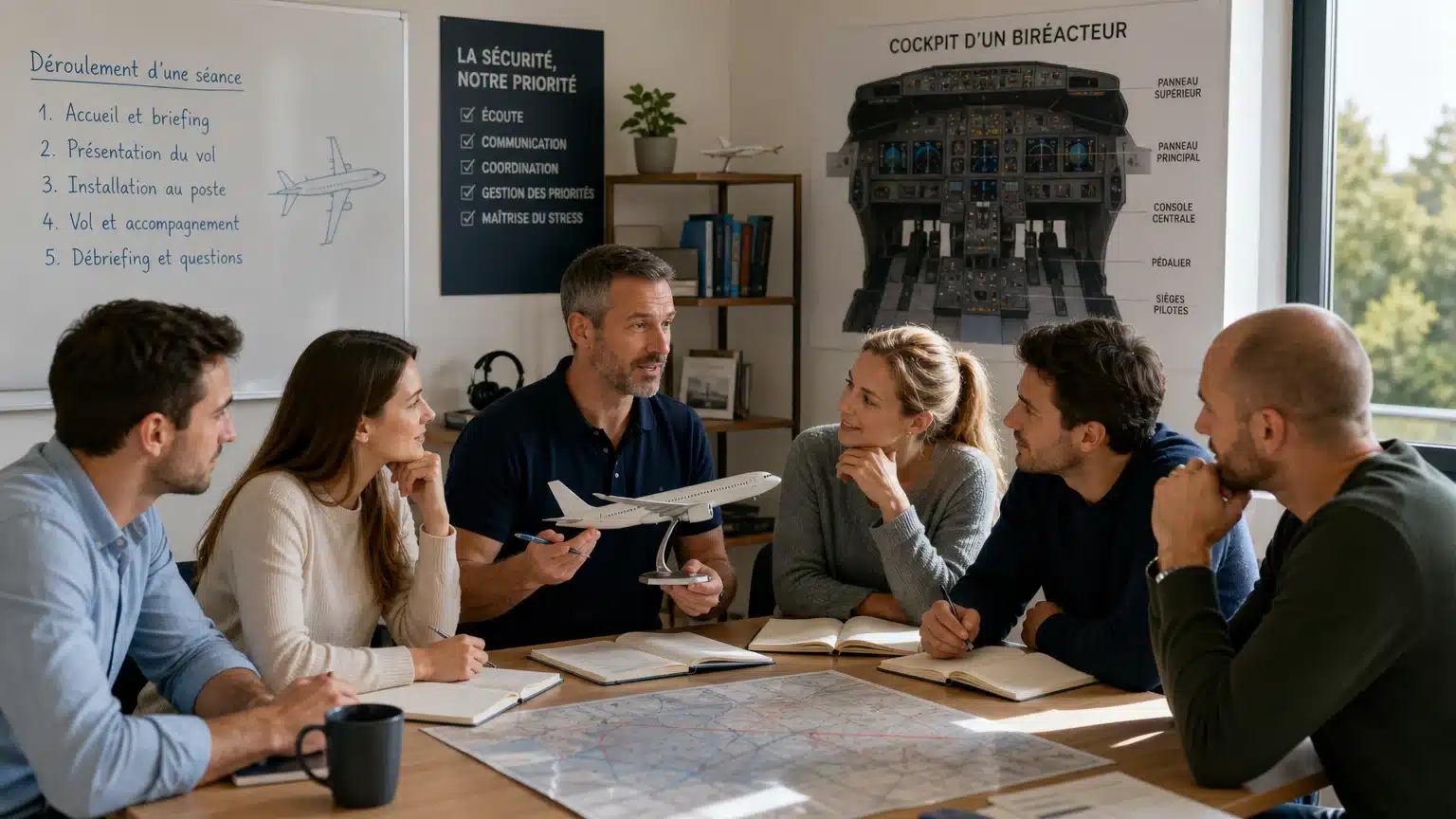 Petit groupe de participants échangeant avec un formateur pendant un stage contre la peur de l’avion