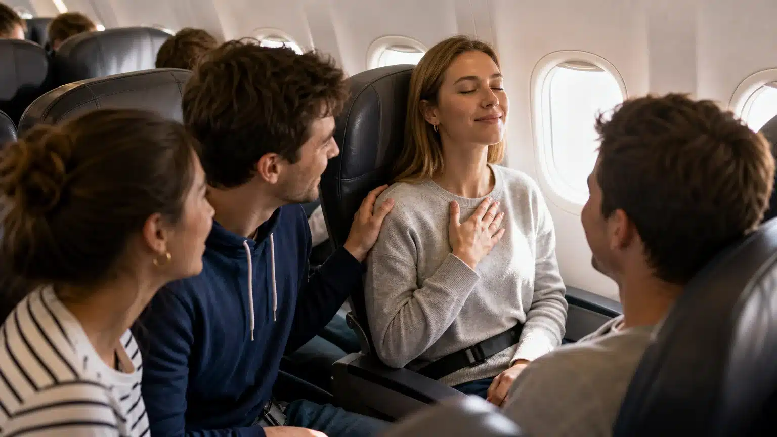 Groupe d’amis se soutenant dans la cabine d’un avion avant le décollage