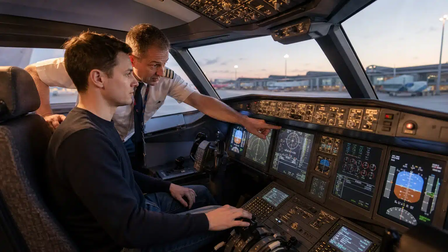 Un instructeur accompagne un débutant dans le cockpit d’un simulateur de vol