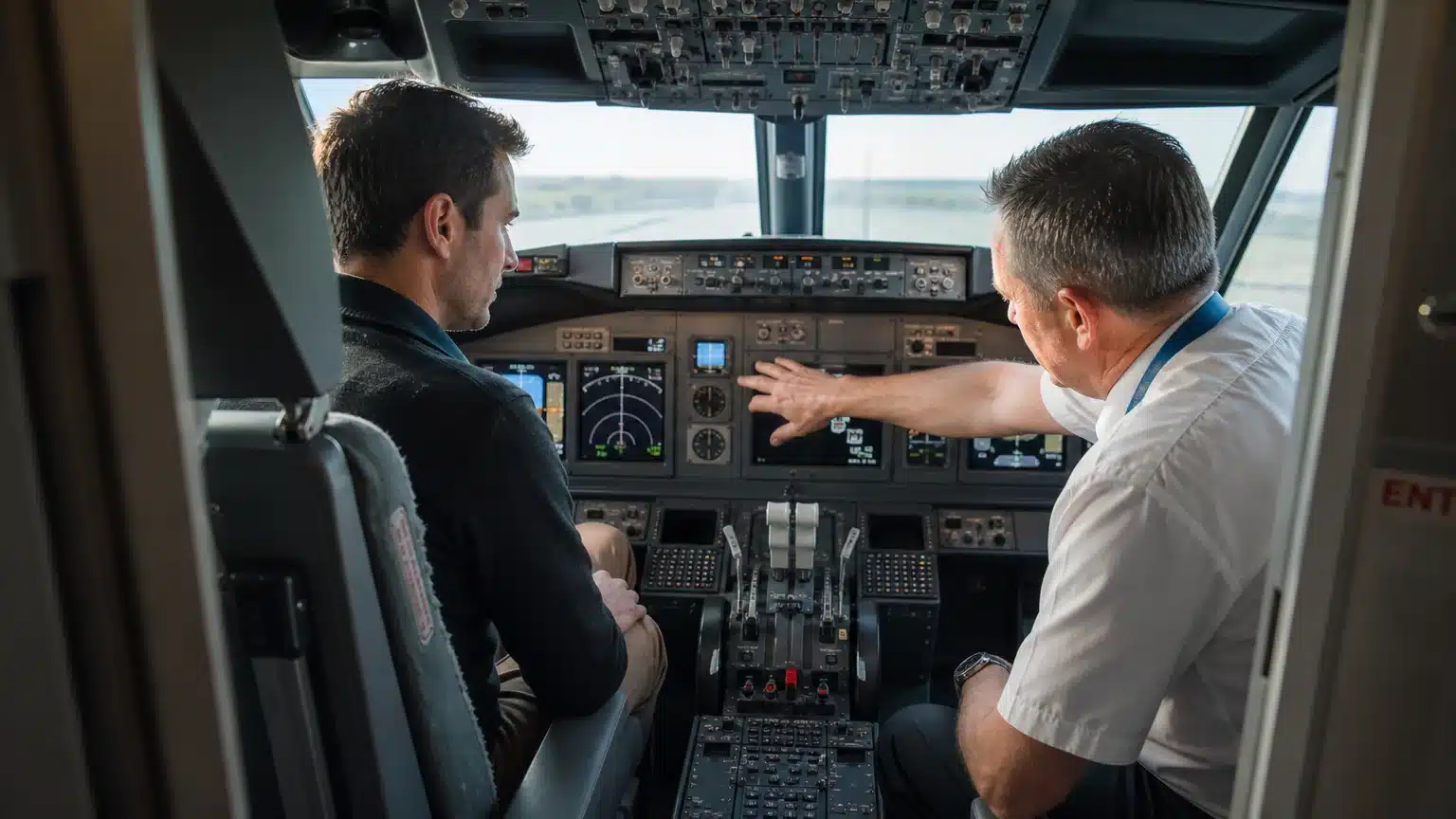 Passionné d’aviation accompagné dans un véritable cockpit de Boeing 737