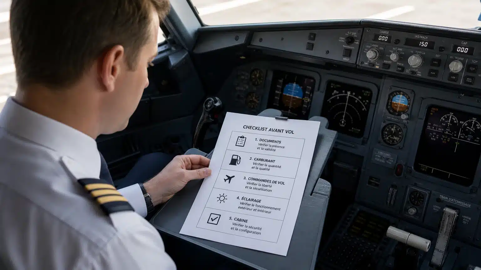 Checklist de préparation dans un véritable cockpit de Boeing 737