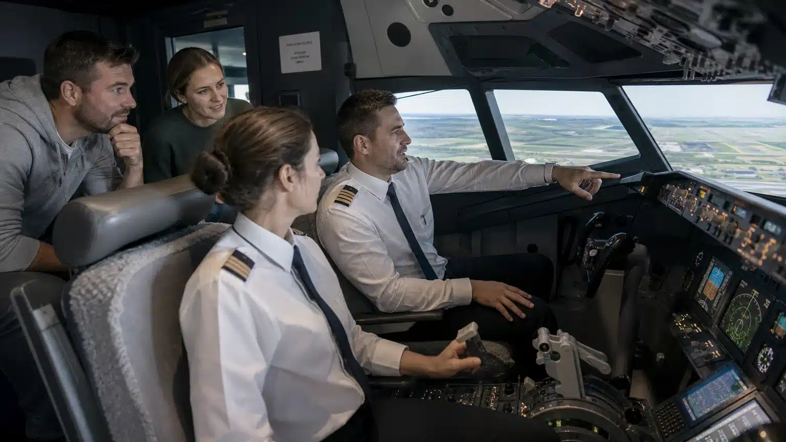 Collaborateurs travaillant la coordination dans un simulateur de vol