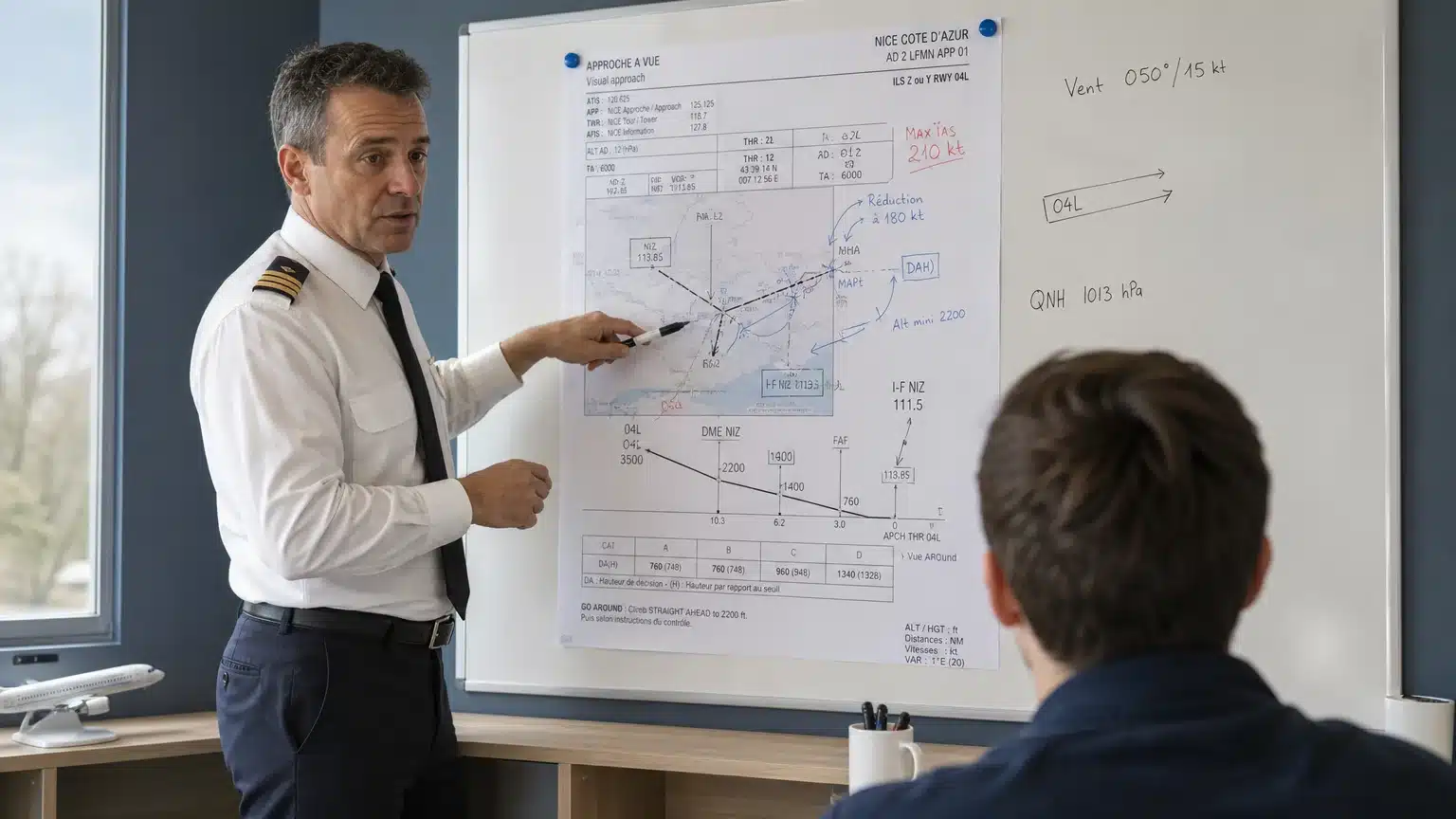 Instructeur présentant une carte ILS 04L de Nice à un élève pendant un briefing aéronautique