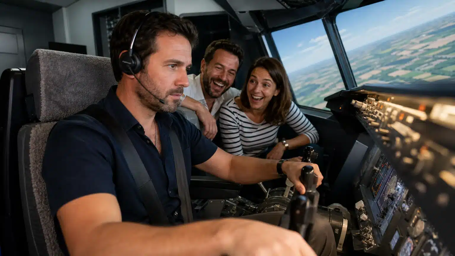 Groupe d’amis européens aux commandes d’un cockpit de simulateur dynamique