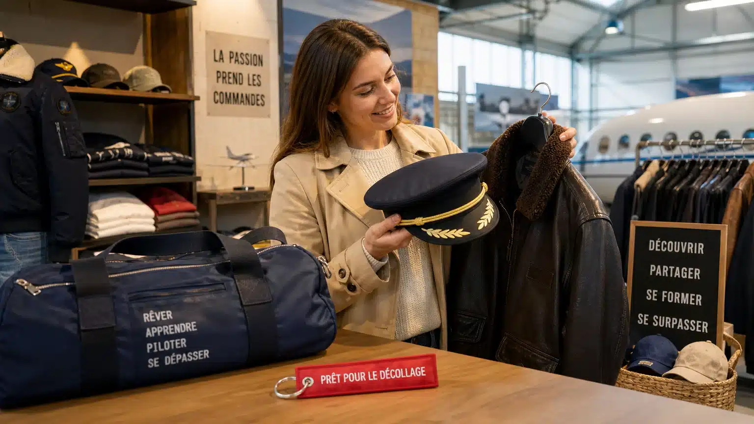 Visite d’une boutique aéronautique avec casquette, blouson et sac de vol