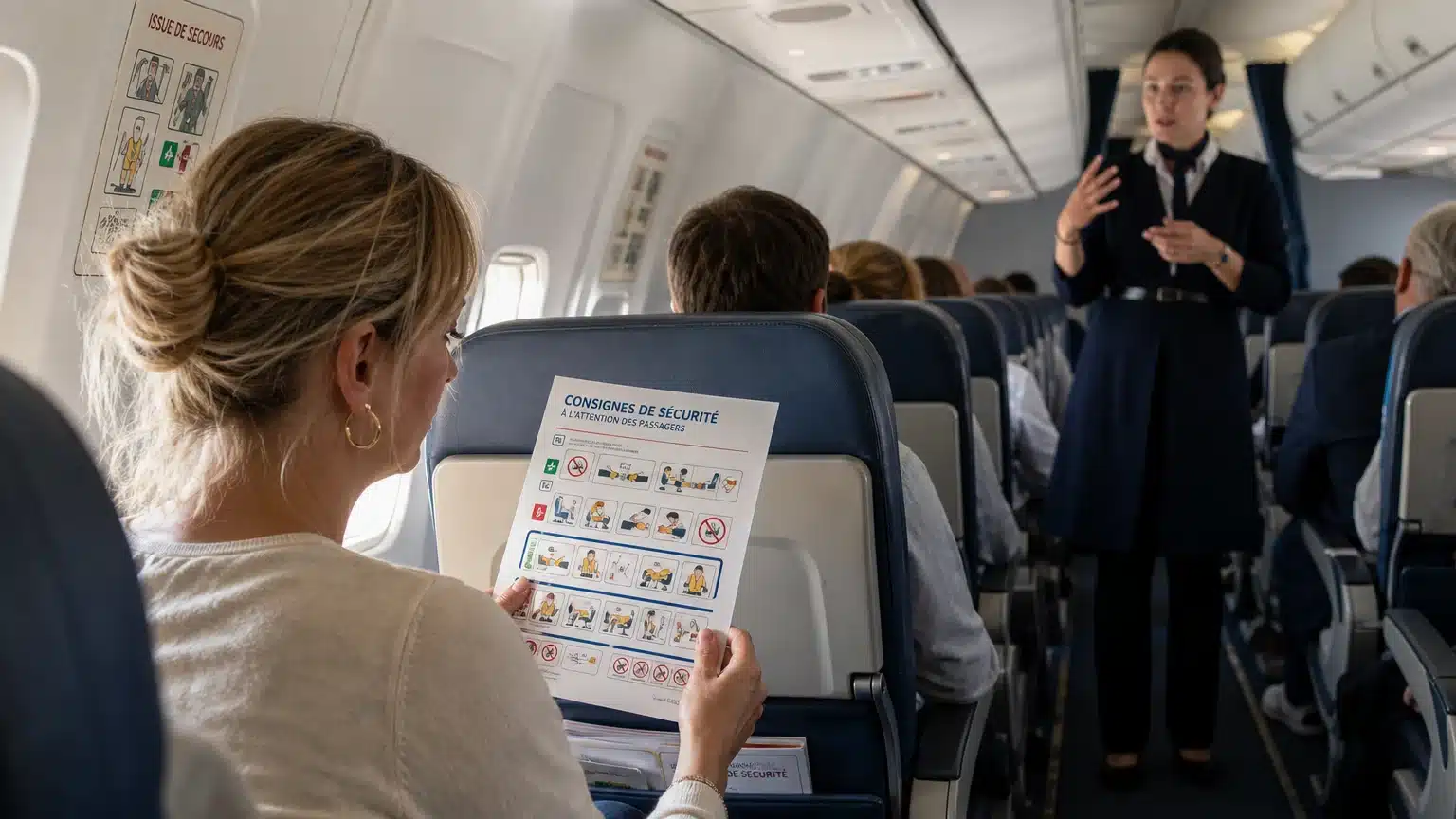 Passagère attentive pendant le briefing de sécurité