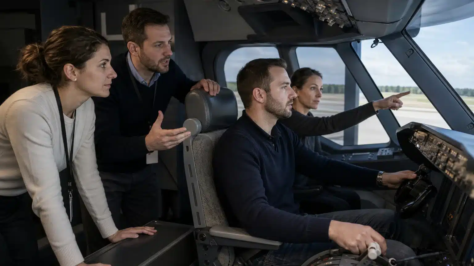 Équipe européenne qui coordonne une mission collective dans un cockpit de simulation