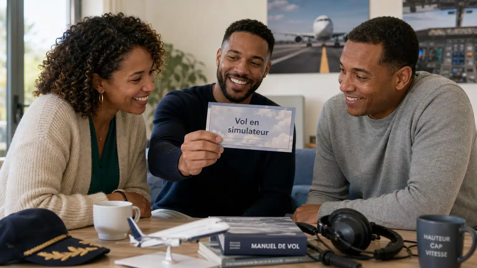 Famille découvrant le coupon souvenir d’une expérience en simulateur de vol