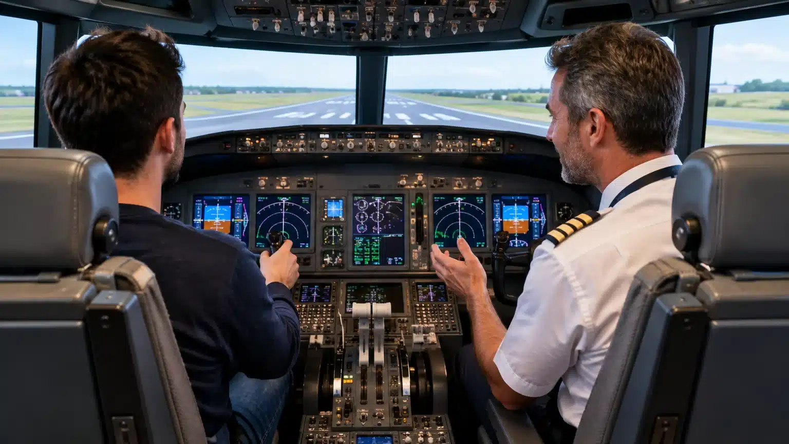 Un participant découvre les commandes d’un simulateur de cockpit avec un instructeur