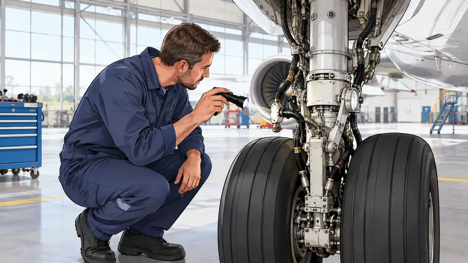 Inspection du train d’atterrissage d’un avion de ligne d’occasion dans un hangar