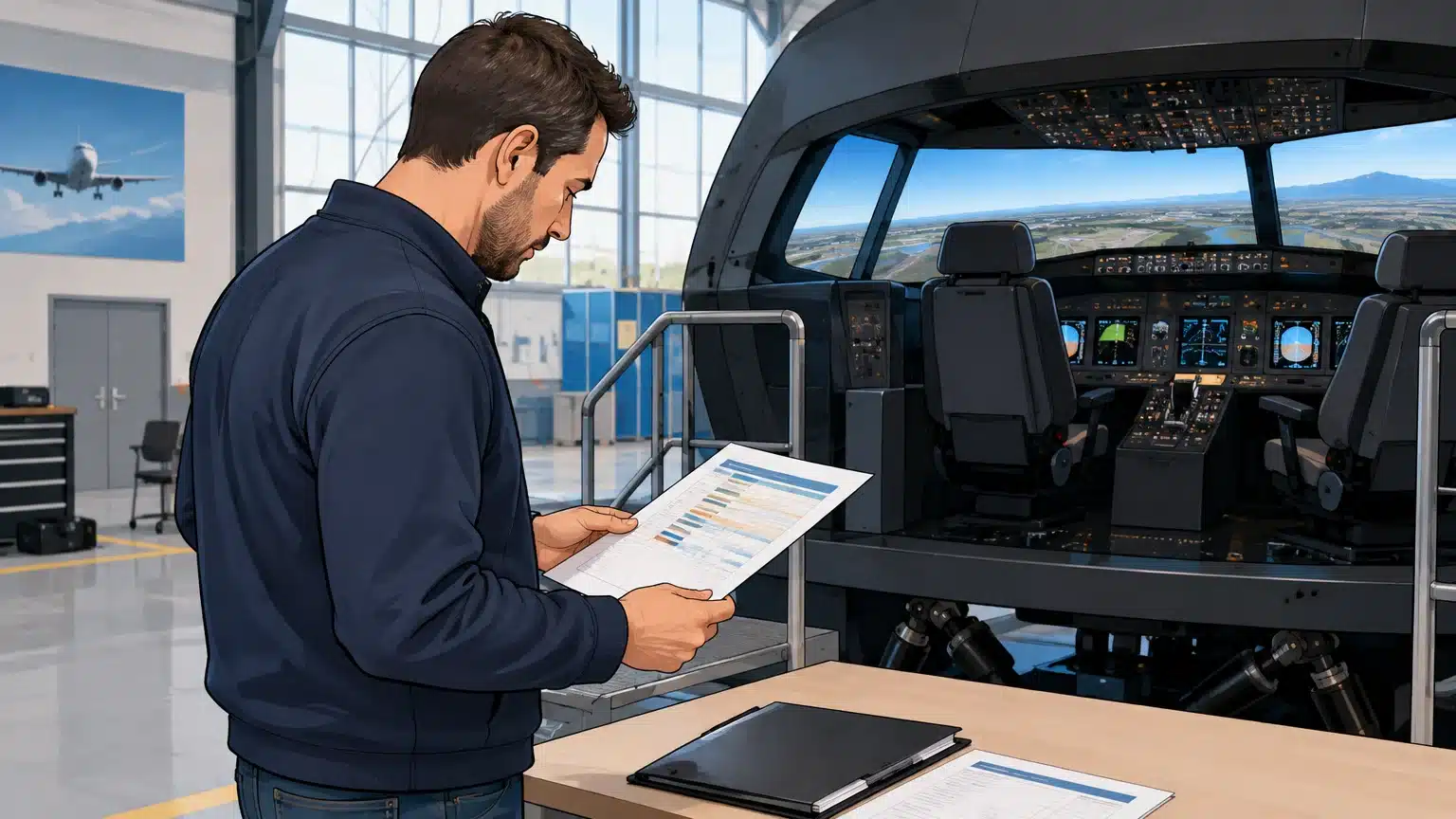 Élève pilote consultant son parcours de formation près d’un simulateur
