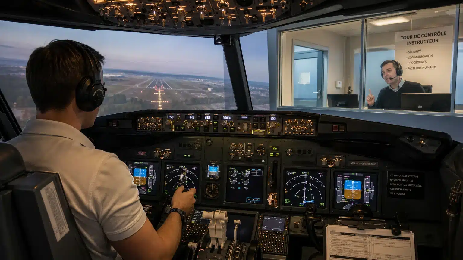 Un pilote amateur prépare une approche stabilisée avec l’aide d’un instructeur en simulateur
