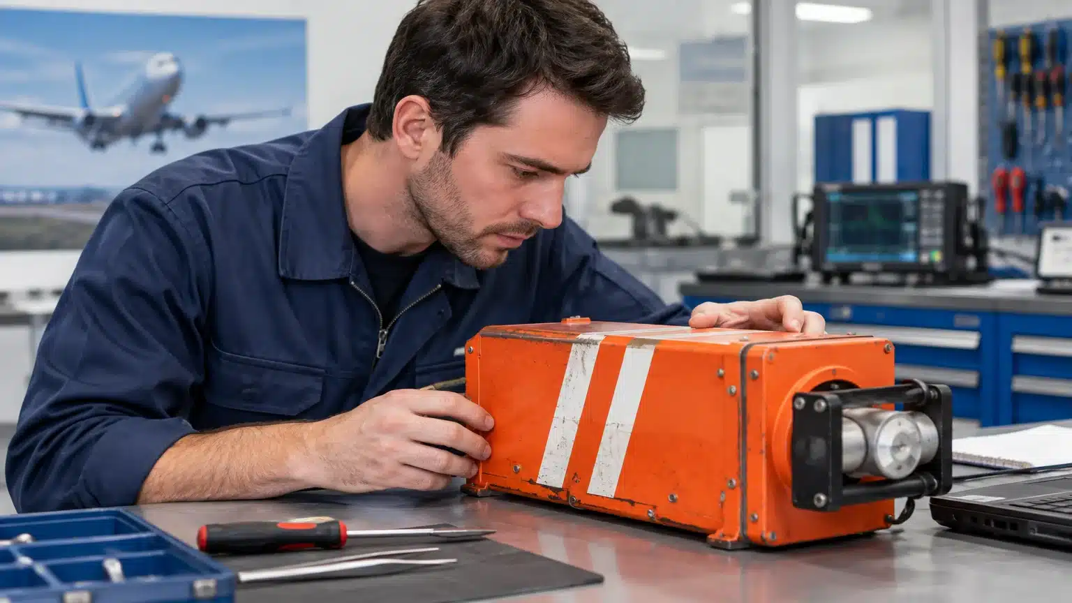 Technicien examinant un enregistreur de vol orange dans un laboratoire